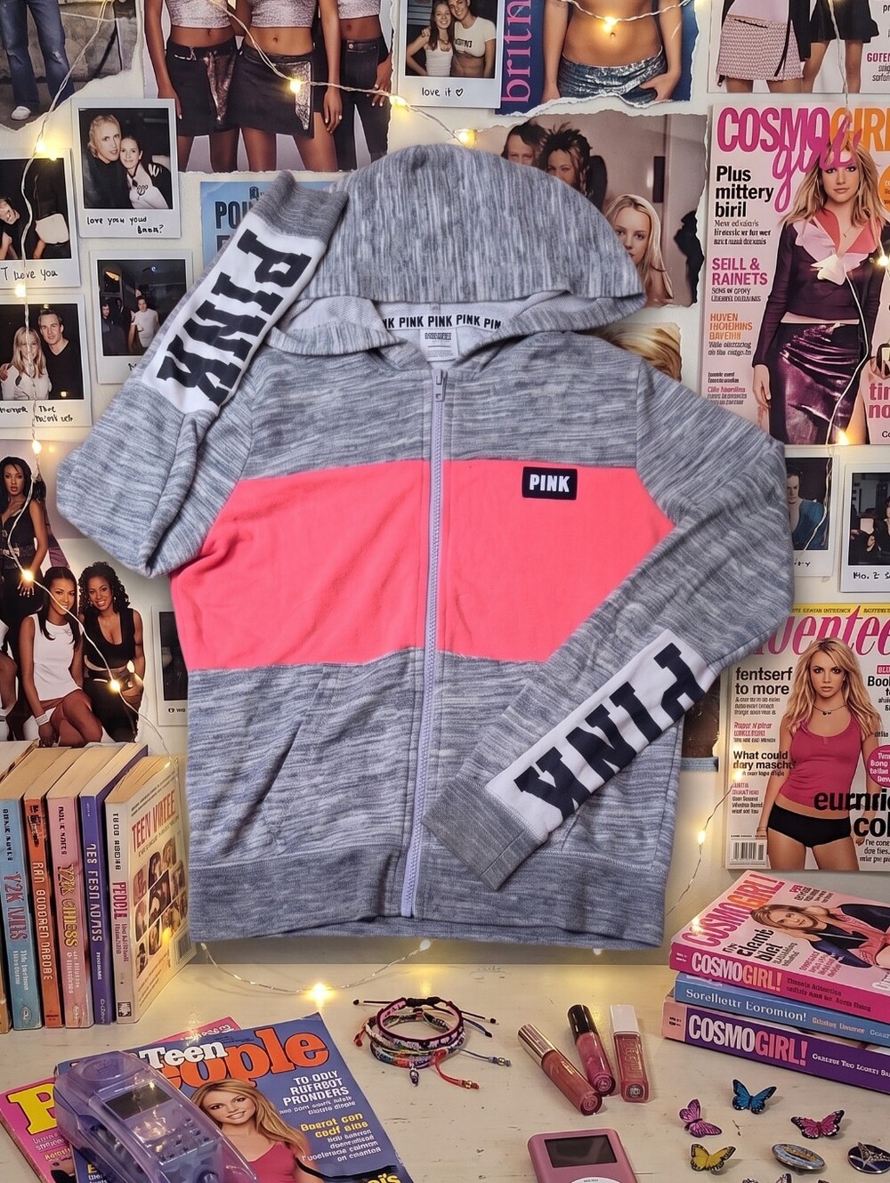 Y2K PINK Victoria's Secret Gray & Coral Zip Hoodie